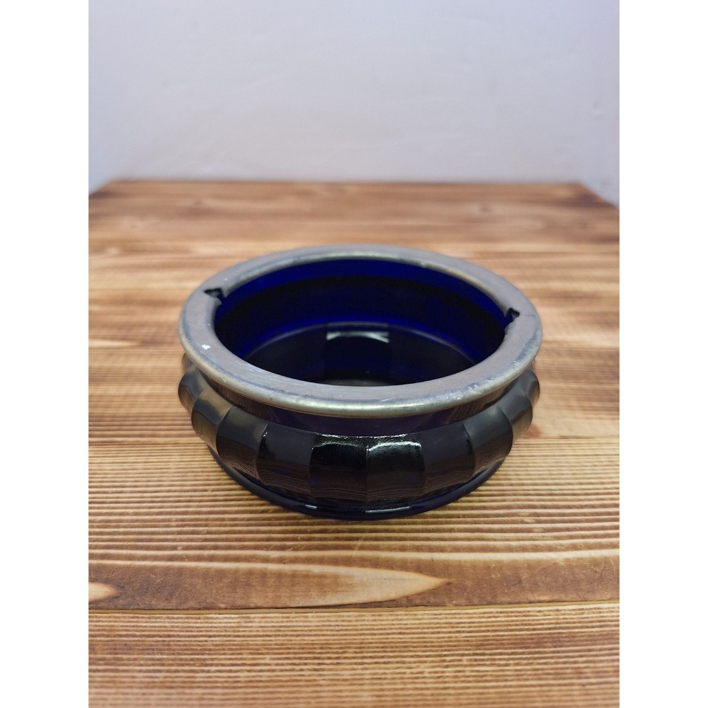 Cobalt Blue Art Glass Ashtray Trinket Dish Art Deco Design Metal Rim Rope Design